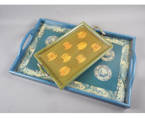 A decoupage two-handle tray with Spode Italian design on a blue ground, 24" x 16", and a smaller tray, decorated with cups an
