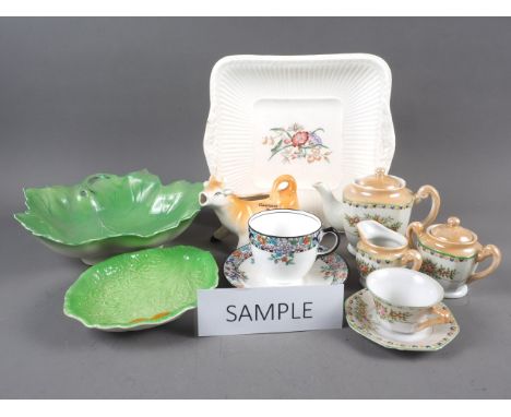 A doll's Japanese porcelain part tea service, two pieces of Carlton leaf ware, a Delphine China breakfast set and other decor