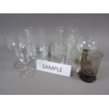 A cut glass bowl, a cut glass basket, three Dartington glass vases, a collection of engraved