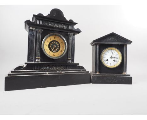 A black slate and marble mantel clock with gilt dial and Arabic numerals, on stepped plinth base, 14" high, another similar s