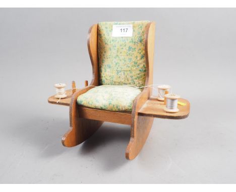 An early 20th century scratch built pin cushion/bobbin holder, formed as a rocking chair 