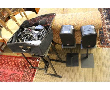 Two pairs of black finished speaker stands, together with a pair of small sized monitor speakers and a bag containing cables 