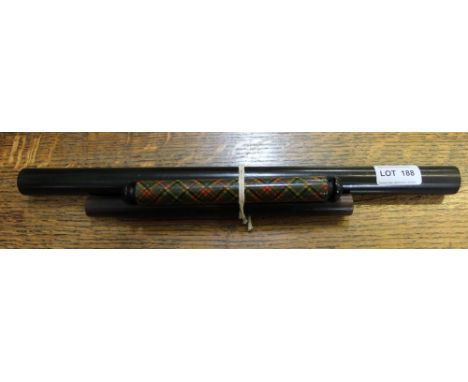 A Mauchlin McBeth tartanware miniature rolling pin, together with two Oriental 19th-century scroll weights 