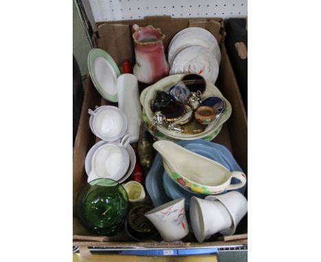 A box containing a selection of useful domestic items to include; part pottery tea service, decorated with birds in flight, t