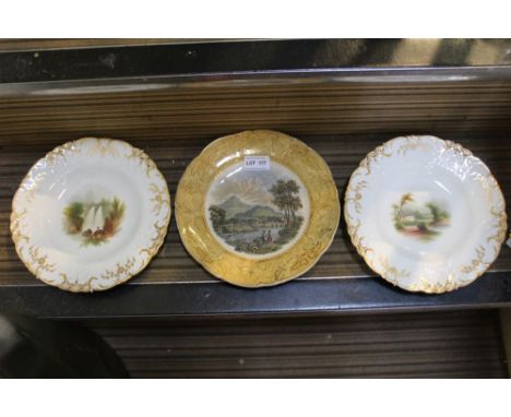 Two hand-painted 19th-century porcelain plates, together with a prattware pottery plate 