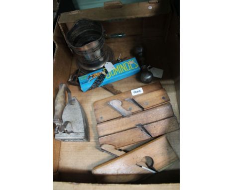 A box containing a selection of domestic collectables to include; champagne caddy, moulding planes, etc. 