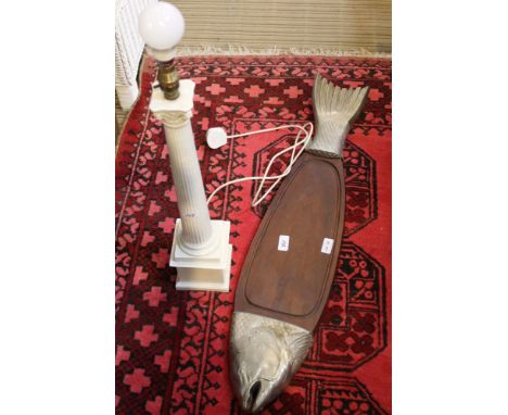 A metal mounted cold salmon serving tray, together with a white glazed ceramic classical columns table lampCondition: PAT tes
