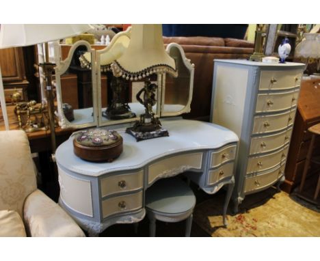 A Queen Anne design later Wedgewood jasperware inspired painted bedroom suite comprising dressing table, side table and six d