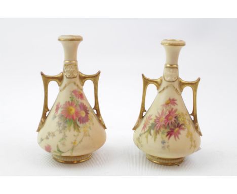 Pair of Royal Worcester Blush Ivory two handled vases with floral sprig decoration pattern 1021 10cm in Height 