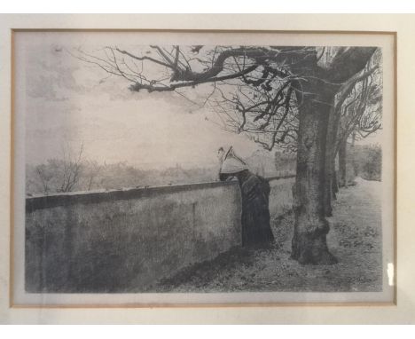 Framed 'Autumn' etching by E Salmon from the picture by L E Adan, 26 x 18cm 