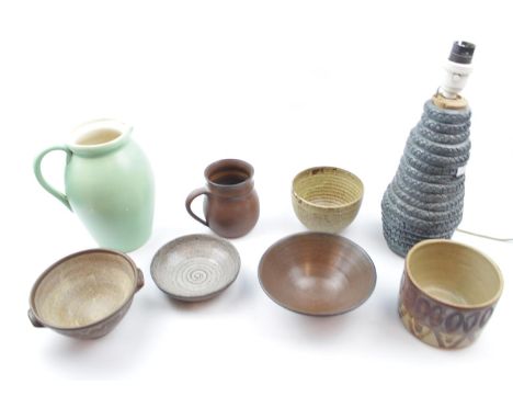 Good collection of 20thC Studio Pottery inc. Lamp Base, Ewer, rice bowls etc 