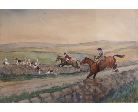 Watercolour in the style of Cecil Aldin of Fox Hunting, 26 x 19cm 