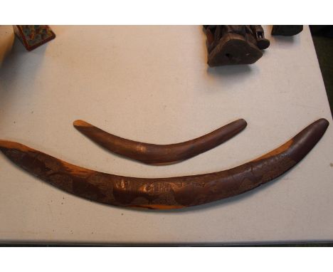 Original Australian Aboriginal  Hunting Boomerang with carved animal decoration and smaller Boomerang 