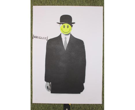 Ziegler T, unframed print of man in Bowler hat with Smiley face, signed in Pencil, 69 x 49cm