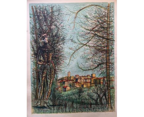 Interesting Framed print of a Harlequin against town scene, signed and remarked in pencil, 60 x 83cm 