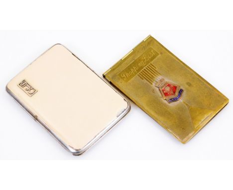 A George V Asprey silver gilt and enamel case, of oblong form with raised initial and plain interior, London 1927, 9cm wide a