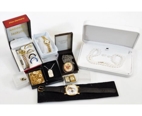 Various jewellery, a Madonna fashion watch set with removable bezels and 2cm diameter main dial, necklace, Citron wristwatch,