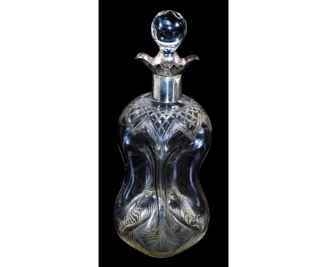 A George V decanter, with silver collar and orb stopper of inverted rectangular form with an upper hobnail decoration to the 