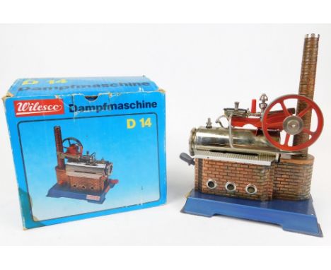 A Wilesco D14 Dampfraschine stationary engine, with brass cylinder, 22cm wide. (boxed)