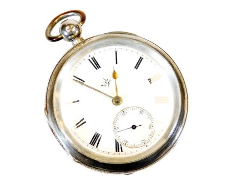 A Victorian silver open faced pocket watch, with 4cm diameter Roman numeric dial set with subsidiary second hand, in part eng