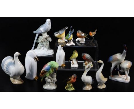 Various bird figure groups, to include Hollohaza Hungary Group, 19cm high, Royal Worcester Nut Hatch 3334, International Bird