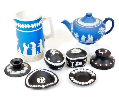 Various Wedgwood, black basalt Collectors Club, The Collectors scales piece 9cm diameter, egg shaped box, dark blue Wedgwood 
