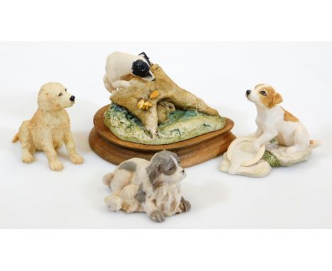 A Border Fine Arts Han Wall figure group, dog and tree bough on wooden plinth, 12cm high, Border Fine Arts golden retriever P