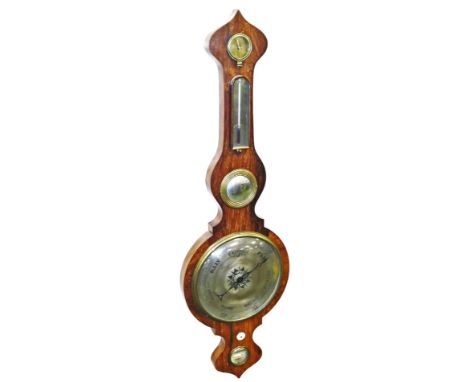 A 19thC five dial rosewood case banjo barometer, with 24cm diameter silvered main dial, with warranted correct spirit level b