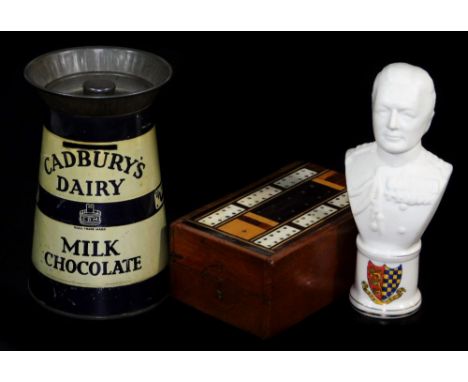 A vintage Cadbury Dairy Milk Chocolate milk pail tin, in striped pattern, 14cm high, a Savoy China Stafford crested china Dav