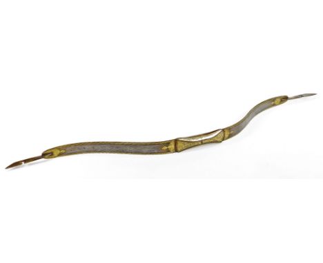 An Eastern steel bow, of shaped form with yellow metal inlay, scroll and floral border, 83cm wide. (AF)