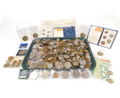 Various GB and world used coins, to include silver 3d bits, various Churchill and other commemorative crowns, later two pound