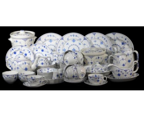 A Furnivals Denmark pattern blue and white part dinner service, to include teapot, 18cm high, bowls, coffee pot, water jug, l