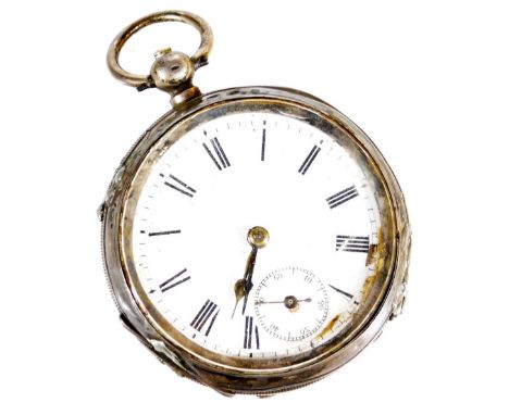 An early 20thC open faced pocket watch, the 5cm diameter Roman numeric dial with subsidiary Arabic second hand and a part eng