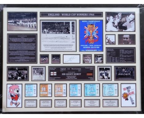 An England World Cup Winners 1966 framed montage, showing various photographic prints, reproduction programme front, various 