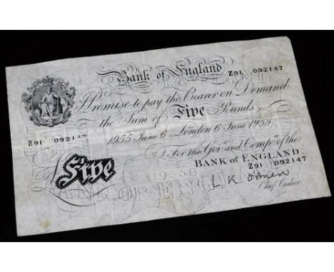A 1955 Bank of England white five pound note, L K O'Brien, Z91092147, 21cm wide.