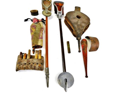 Various bygones, collectables and effects, oak fire bellows, shooting stick, dolls, guards, pouch, 18cm wide, etc. (a quantit