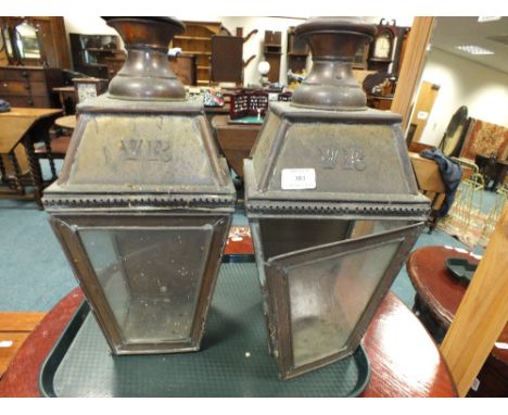 A pair reproduction pressed brass and glazed lantern heads one converted for electricity 