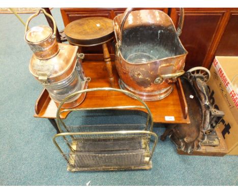 A copper coal scuttle, a ships light and hand sewing machine etc