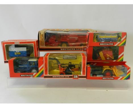 Seven boxed Britains Farm Vehicles circa late 1970s to include a 9570 Massey Ferguson Combine Harvester, a 9523 Ford, TW20 Tr