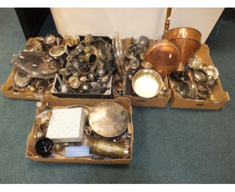 A large quantity of electroplated wares and other metal wares including trays, tea wares, salvers, jugs, bowls, trophy cups e