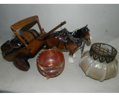 A collection of decorative ceramics and glass including two Beswick Shire Horses and associated scratch built dray with barre