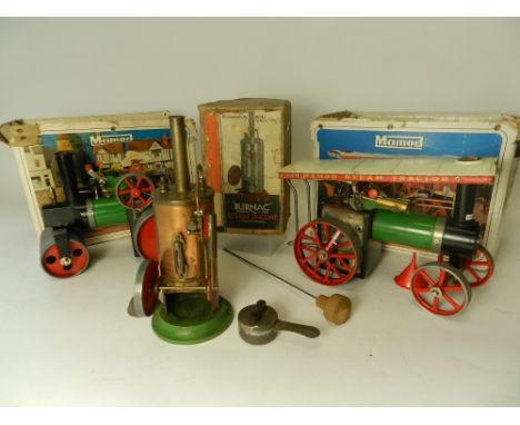 Three boxed live steam models, a Mamod TE1a traction engine with funnel and steering rod, a Mamod steam roller SR1a and a "Bu