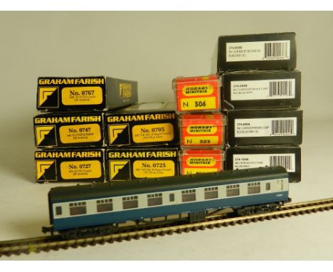 Twelve boxed N Gauge Coaches by Graham Farish and Minitrix, four in 374 Series, one 0705, one 0725, Minitrix 306 x 2 and 303 