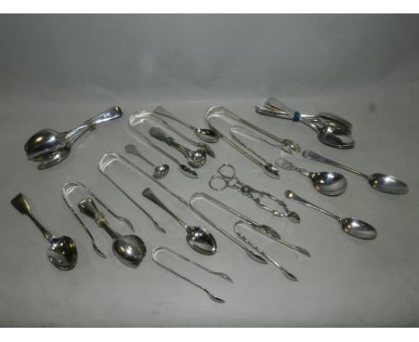 A pair of silver Exeter sugar tongs, hallmarked 1878, together with 7 further sugar tongs, a pair of silver sugar nips, hallm