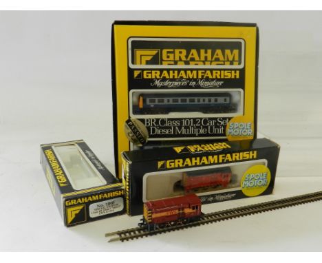 Three Graham Farish locos, a 8135 two car DMU Class 101 in BR blue, No.1006 08 Class Diesel and No. 100F Limited Edition Clas