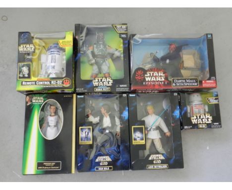 7 unopened Star Wars 12" figures by Kenner of recent manufacture to include Remote Control R2-D2, Luke Skywalker, Hans Solo a
