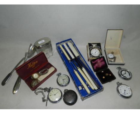 Yellow metal dress studs, together with yellow metal wristwatches, open faced pocket watches, silver plated flatware etc.