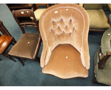 A late Victorian to Edwardian mahogany framed button back upholstered bedroom chair together with a mahogany dining chair wit