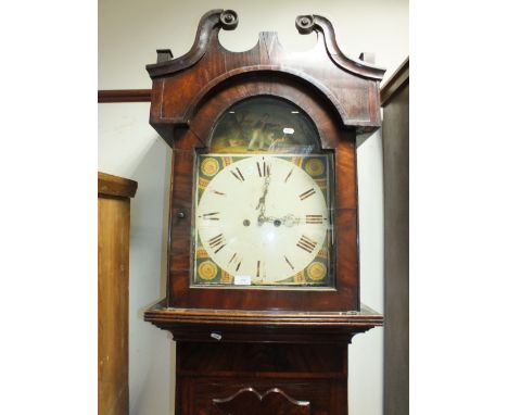 A Victorian mahogany painted dial longcase clock, the arched top dial painted with a scene of a boy and a dog, the hood with 