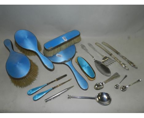 A collection of silver and guilloche enamel mounted dressing table wares together with a collection of silver and plated cutl